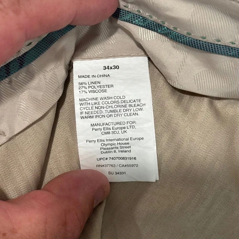 Cubavera Mens 34x30 Linen Blend Flat Front Dress Pants Beige Tan SU 34331